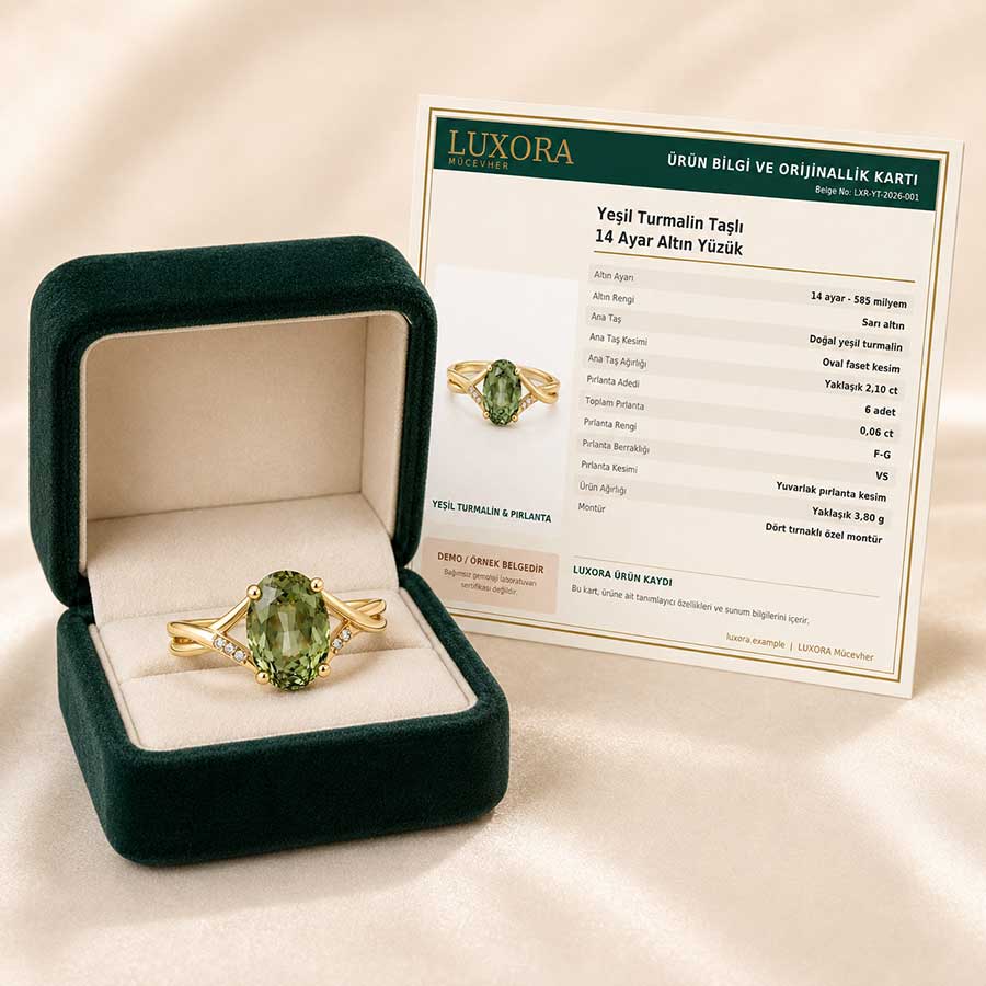 LUXORA Yeşil Turmalin ve Pırlanta Taşlı 14 Ayar Altın Yüzük