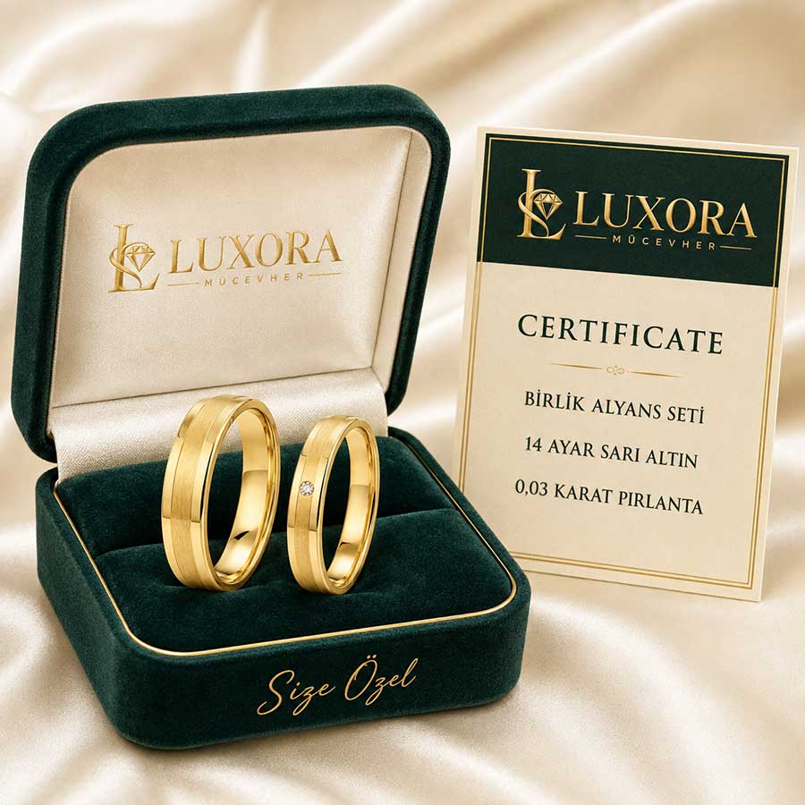 LUXORA Birlik 0,03 Karat Pırlantalı 14 Ayar Altın Çift Alyans Seti